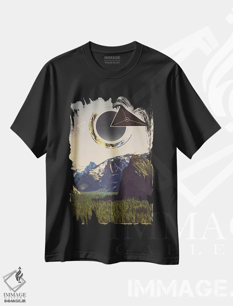 تیشرت مشکی طرح دار چشم انداز گمشده، آبستره اثر فایو بای فایو کالکتیو | فروشگاه ایماژ