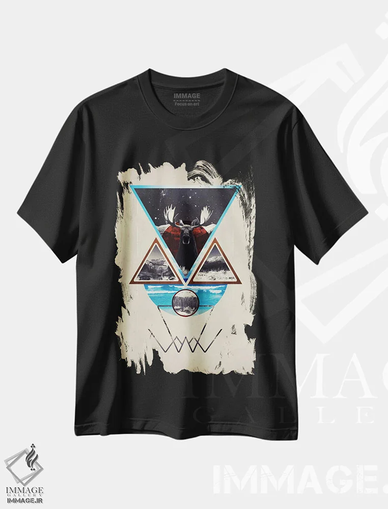 تیشرت مشکی طرح دار چهرهٔ پیچیدگی، آبستره اثر فایو بای فایو کالکتیو | immage.ir