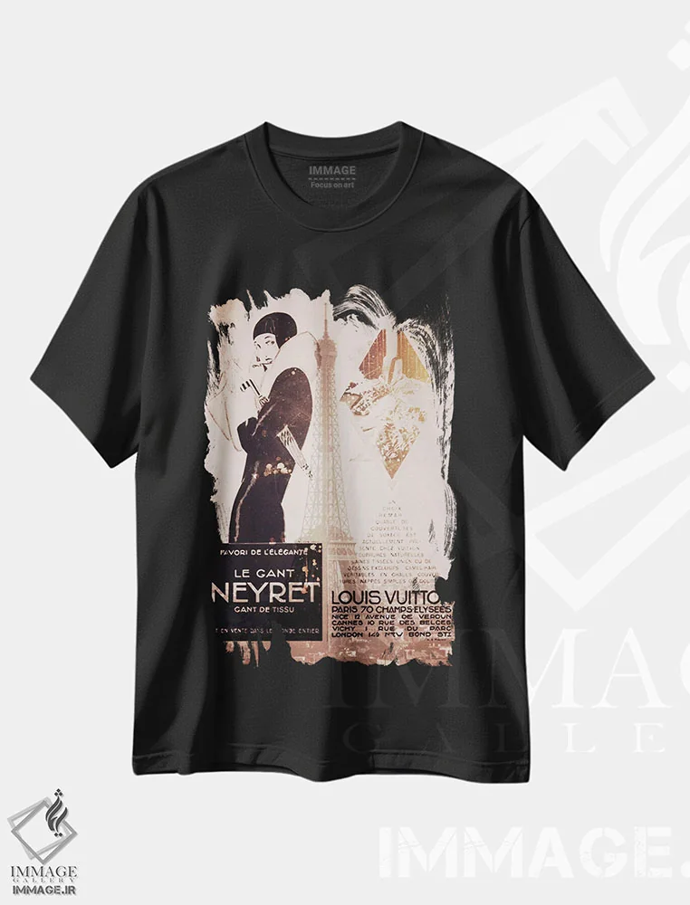 تیشرت مشکی طرح دار سبک قدیمی پاریسی، تزئینی اثر فایو بای فایو کالکتیو | immage.ir
