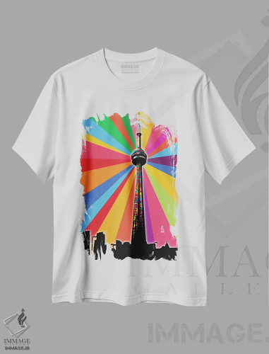 تیشرت سفید طرح دار پاپ سایکدلیک برج سی ان، هنر دیجیتال اثر فایو بای فایو کالکتیو | فروشگاه ایماژ
