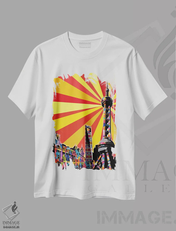 تیشرت سفید طرح دار پاپ سایکدلیک شانگهای، هنر دیجیتال اثر فایو بای فایو کالکتیو | فروشگاه ایماژ