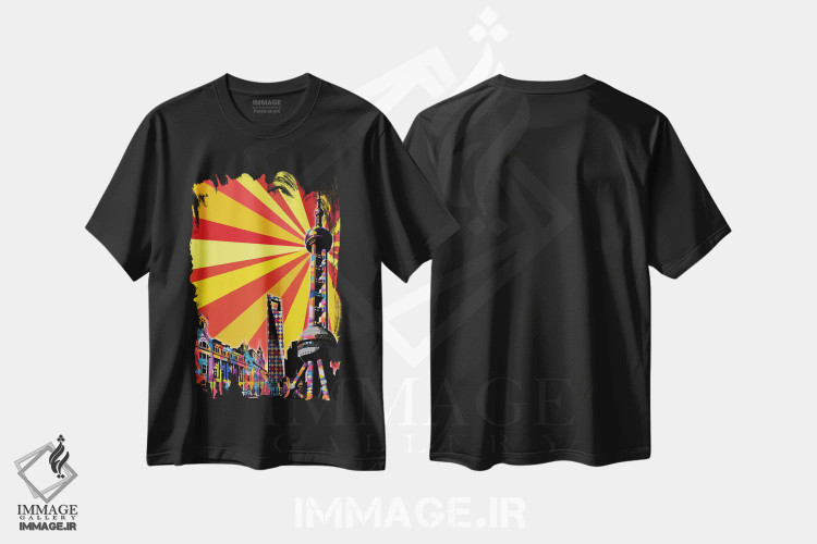 تیشرت مشکی طرح دار پاپ سایکدلیک شانگهای، هنر دیجیتال اثر فایو بای فایو کالکتیو | immage.ir