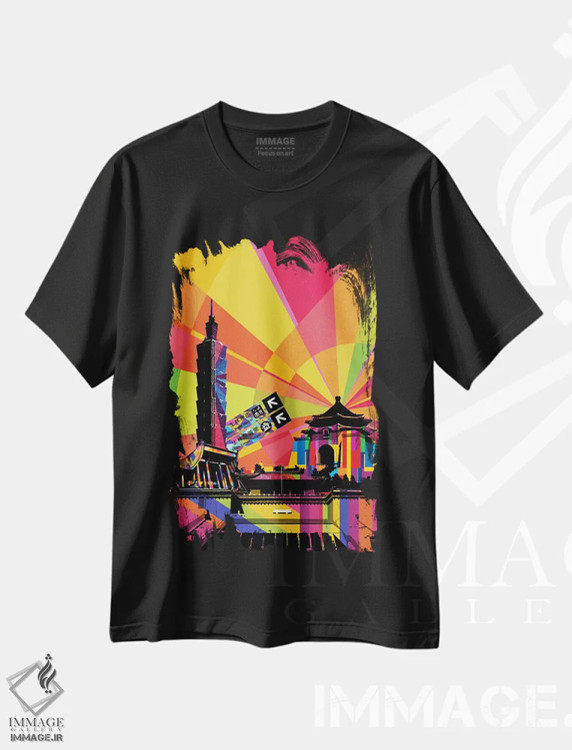 تیشرت مشکی طرح دار پاپ سایکدلیک تایپه، هنر دیجیتال اثر فایو بای فایو کالکتیو | فروشگاه ایماژ
