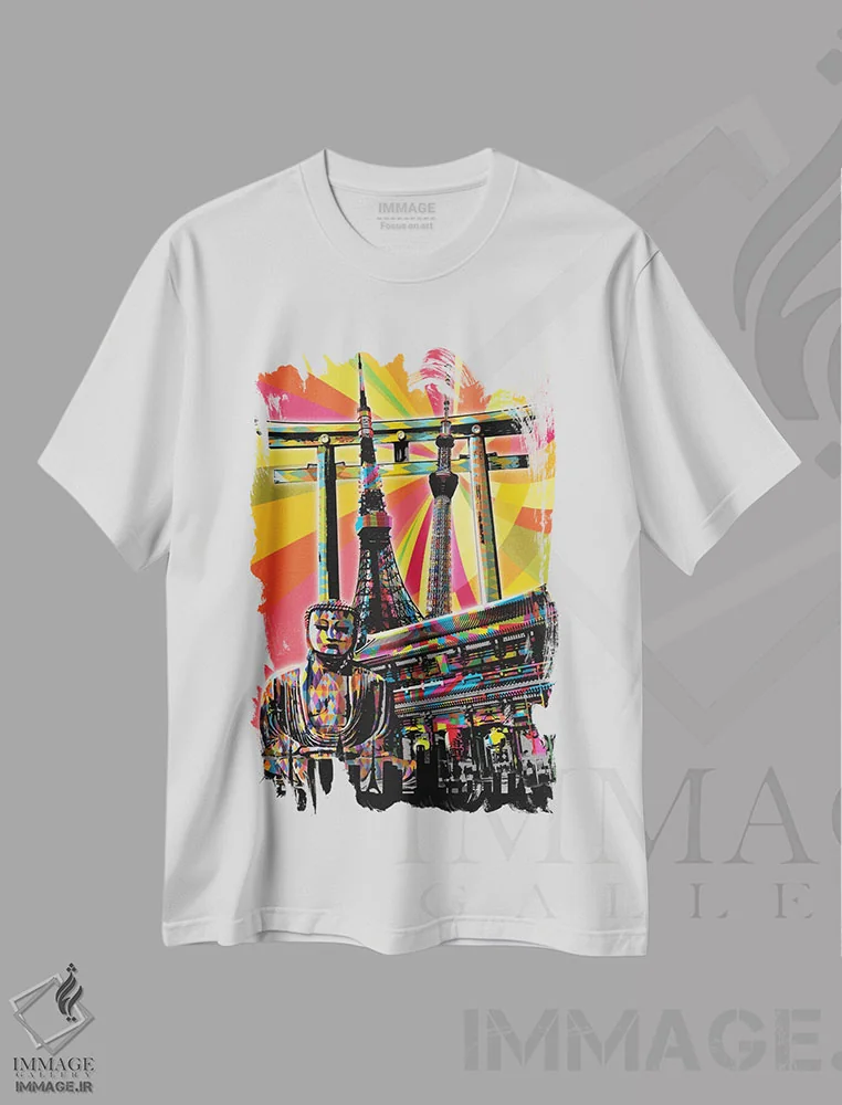 تیشرت سفید طرح دار پاپ سایکدلیک توکیو، هنر دیجیتال اثر فایو بای فایو کالکتیو | فروشگاه ایماژ