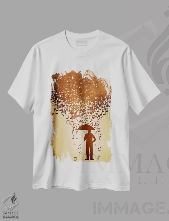 تیشرت سفید طرح دار باران نت های موسیقی، هنر دیجیتال اثر فایو بای فایو کالکتیو | فروشگاه ایماژ