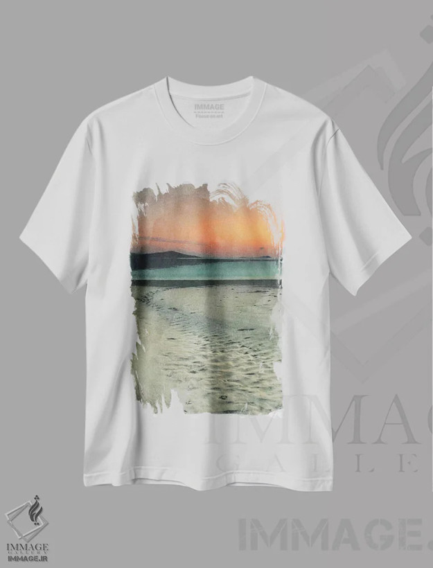 تیشرت سفید طرح دار ساحل غروب، هنر دیجیتال اثر فایو بای فایو کالکتیو | فروشگاه ایماژ