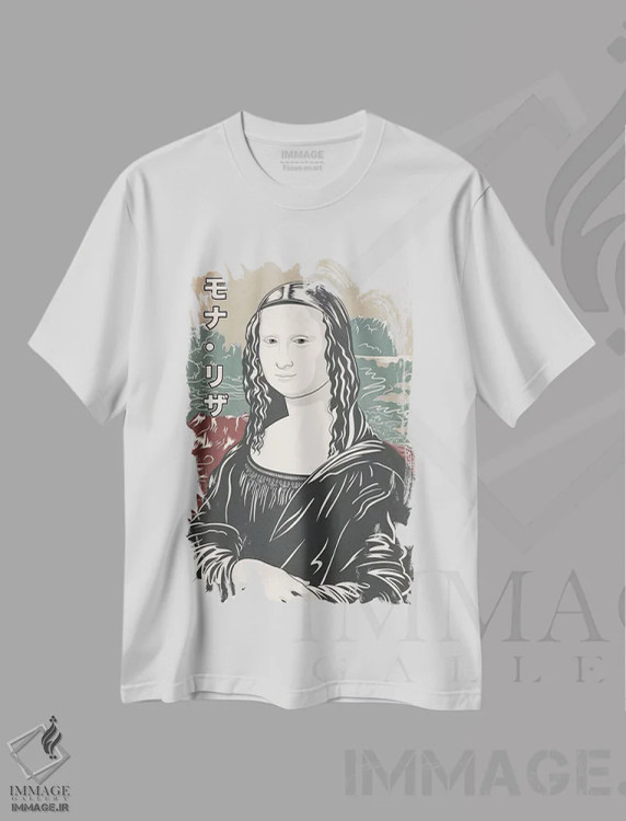 تیشرت سفید طرح دار تبلیغ رترو ژاپنی - مونالیزا شماره ۲، هنر دیجیتال اثر فایو بای فایو کالکتیو | فروشگاه ایماژ