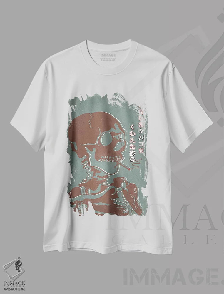 تیشرت سفید طرح دار تبلیغ رترو ژاپنی - اسکلت شماره ۲، هنر دیجیتال اثر فایو بای فایو کالکتیو | فروشگاه ایماژ