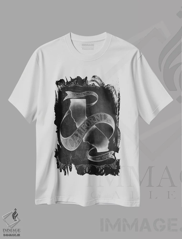 تیشرت سفید طرح دار نقشه کالیفرنیا با گچ، هنر دیجیتال سیاه و سفید اثر فایو بای فایو کالکتیو | immage.ir