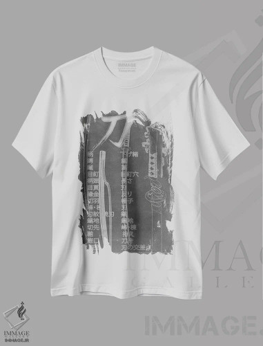 تیشرت سفید طرح دار نمودار شمشیر سامورایی با سنگ سیاه، دکور آسیایی اثر فایو بای فایو کالکتیو | فروشگاه ایماژ