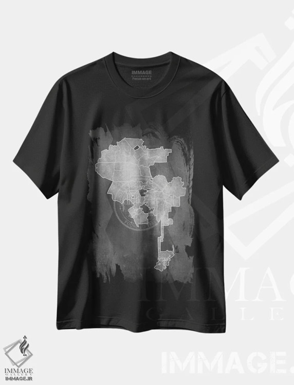 تیشرت مشکی طرح دار نقشه لس آنجلس با گچ، آبستره اثر فایو بای فایو کالکتیو | فروشگاه ایماژ