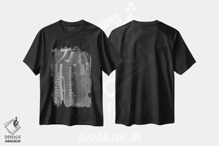 تیشرت مشکی طرح دار نمودار شمشیر سامورایی با سنگ سیاه، دکور آسیایی اثر فایو بای فایو کالکتیو | immage.ir