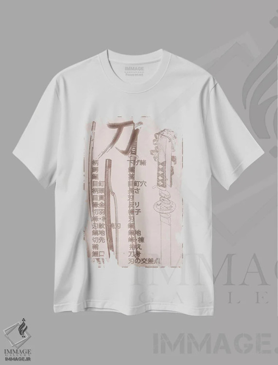 تیشرت سفید طرح دار نمودار شمشیر سامورایی با سنگ شنی، دکور آسیایی اثر فایو بای فایو کالکتیو | immage.ir