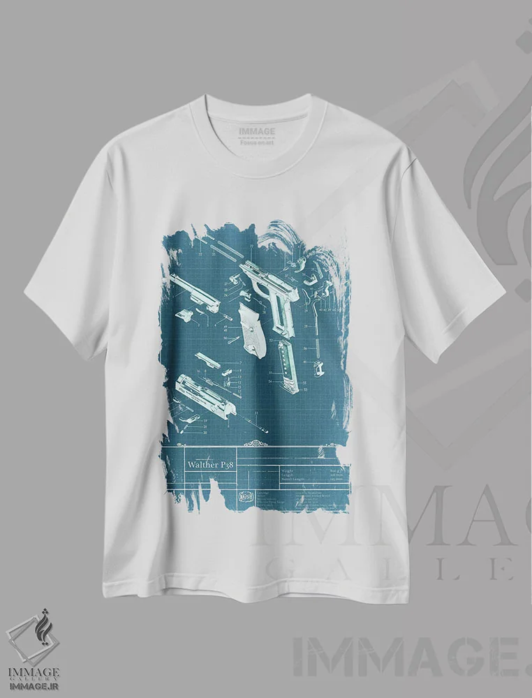 تیشرت سفید طرح دار نقشه فنی والتِر P38، هنر دیجیتال اثر فایو بای فایو کالکتیو | فروشگاه ایماژ