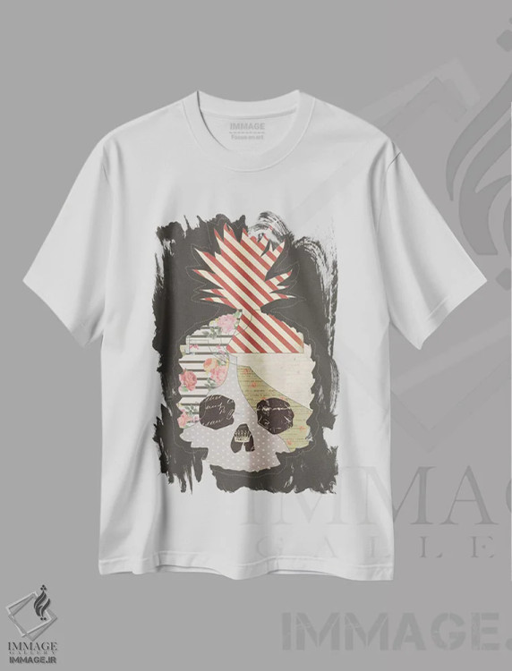 تیشرت سفید طرح دار آناناس مرده روی سیاه، دکوراسیون جایگزین اثر ایم نات اکروک | فروشگاه ایماژ
