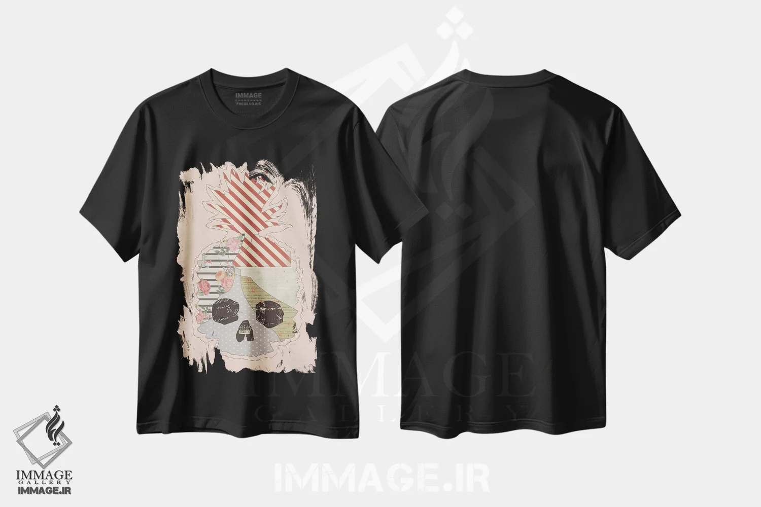تیشرت مشکی طرح دار آناناس مرده روی صورتی، دکوراسیون جایگزین اثر ایم نات اکروک | فروشگاه ایماژ