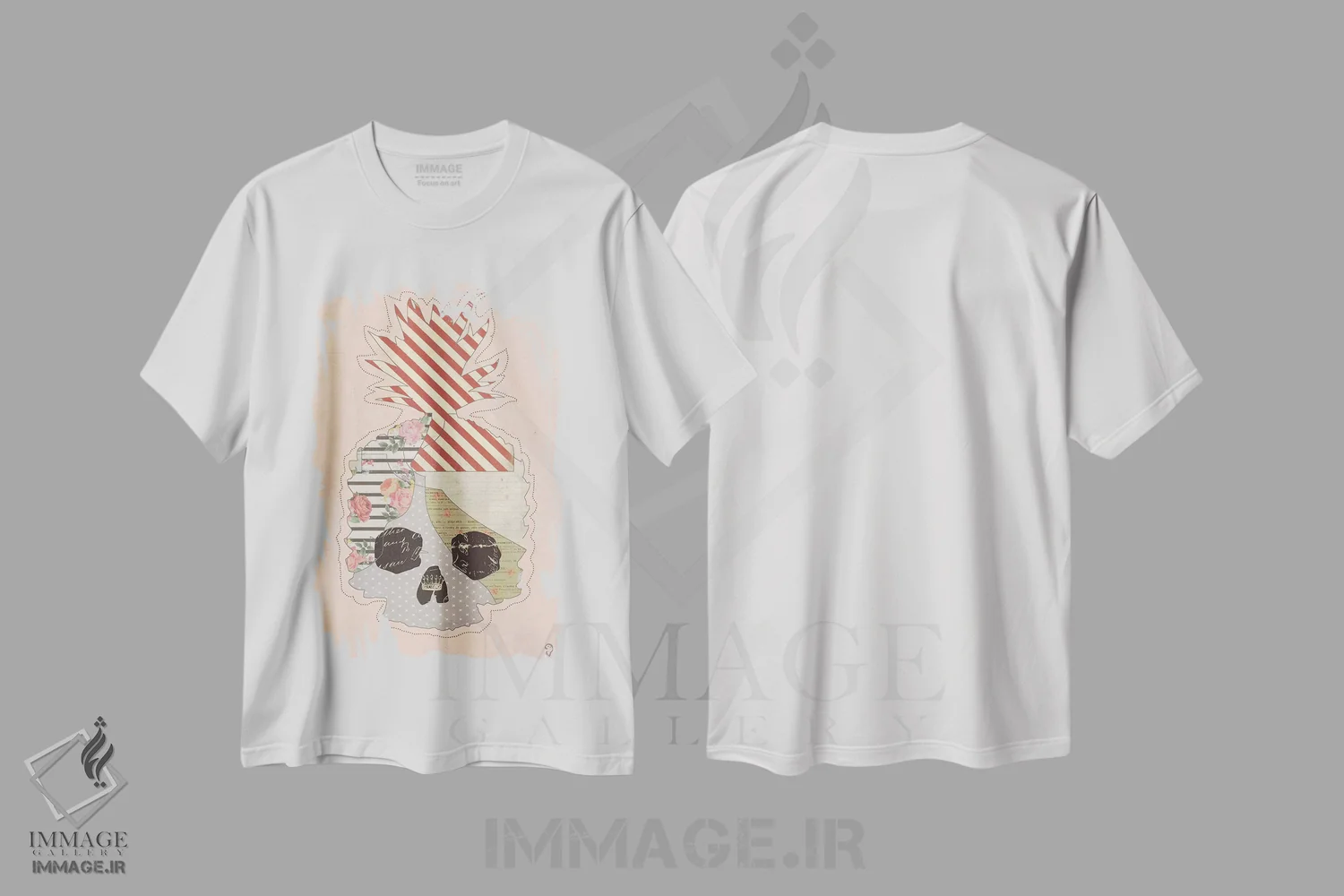 تیشرت سفید طرح دار آناناس مرده روی صورتی، دکوراسیون جایگزین اثر ایم نات اکروک | immage.ir