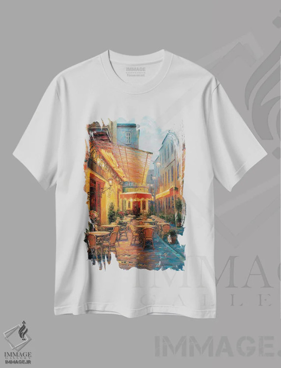 تیشرت سفید طرح دار کافه ون گوگ ۲۰۰۸، آرل، فرانسه، هنر فاخر معاصر اثر هایشیا لیو | immage.ir