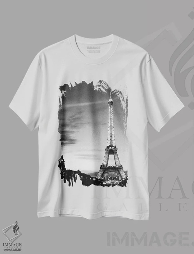 تیشرت سفید طرح دار برج ایفل، عکاسی سیاه و سفید اثر فوتوآی ان سی استودیو | فروشگاه ایماژ