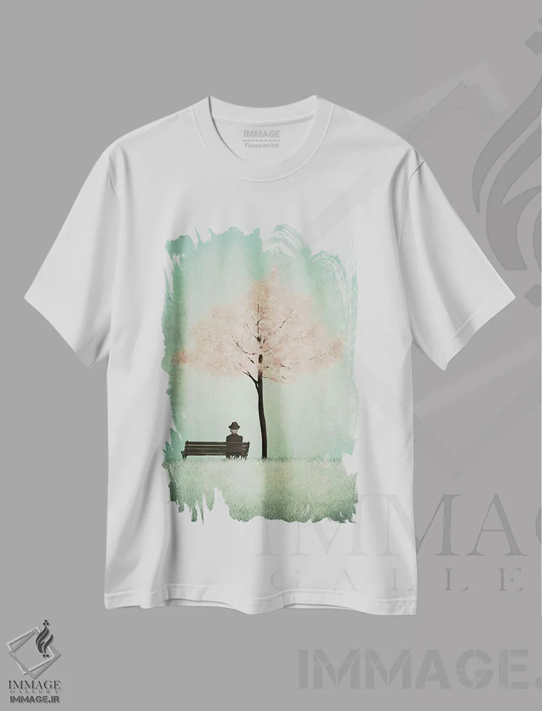 تیشرت سفید طرح دار درخت گیلاس، دکور آسیایی اثر ماجالی | فروشگاه ایماژ