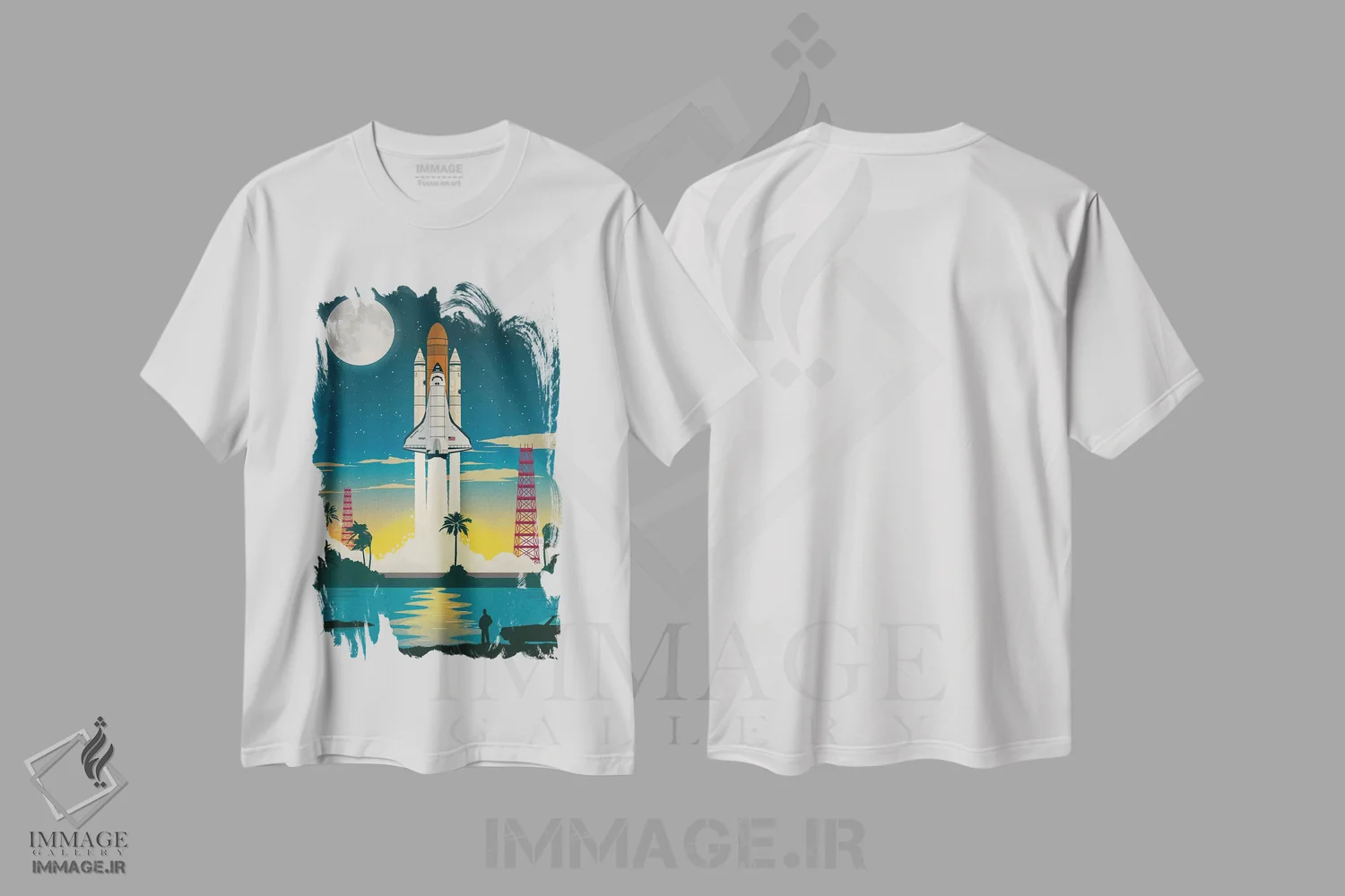 تیشرت سفید طرح دار پرتاب شاتل دیسکاوری، تزئینی اثر ایدیااستورم استودیوز | فروشگاه ایماژ