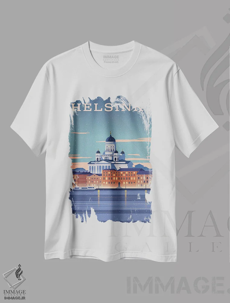 تیشرت سفید طرح دار هلسینکی، هنر دیجیتال اثر ایدیااستورم استودیوز | فروشگاه ایماژ