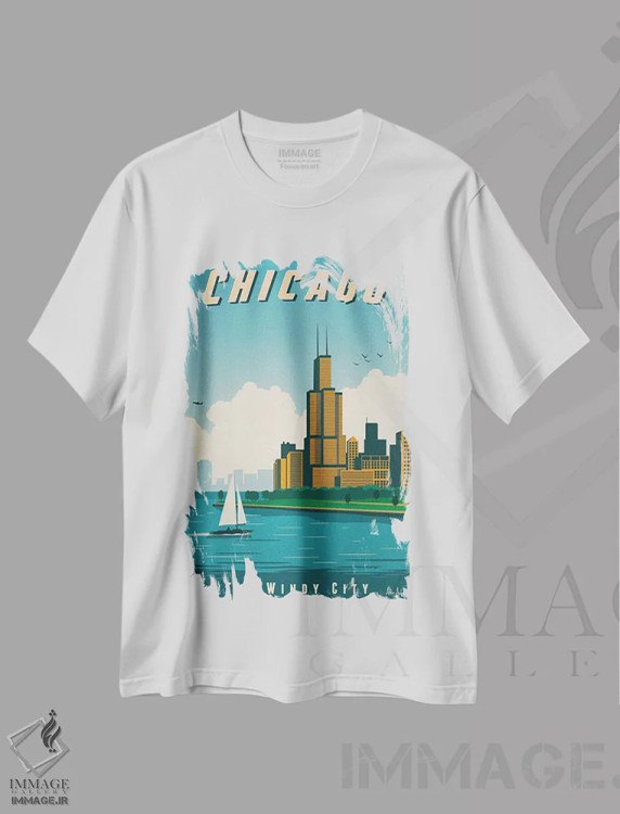تیشرت سفید طرح دار پوستر شیکاگو، هنر دیجیتال اثر ایدیااستورم استودیوز | فروشگاه ایماژ