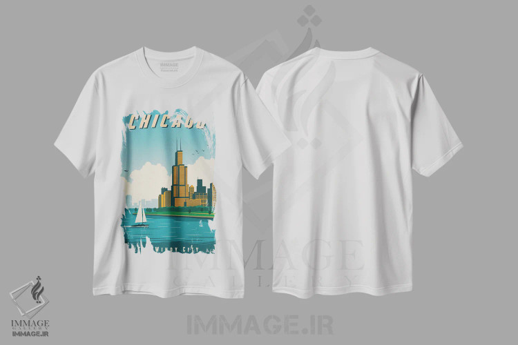 تیشرت سفید طرح دار پوستر شیکاگو، هنر دیجیتال اثر ایدیااستورم استودیوز | فروشگاه ایماژ