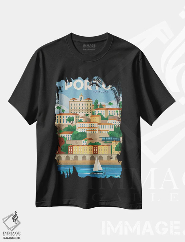 تیشرت مشکی طرح دار پوستر پورتو، هنر دیجیتال اثر ایدیااستورم استودیوز | فروشگاه ایماژ
