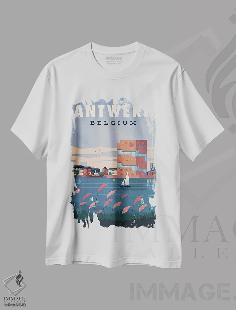 تیشرت سفید طرح دار پوستر آنتورپ، هنر دیجیتال اثر ایدیااستورم استودیوز | فروشگاه ایماژ