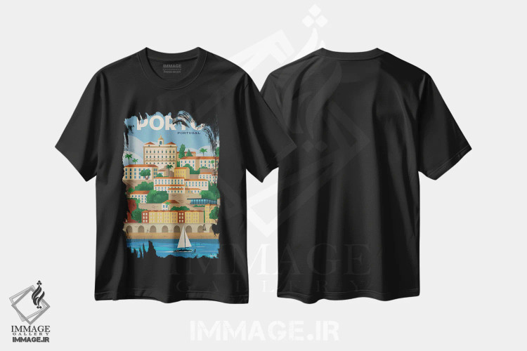 تیشرت مشکی طرح دار پوستر پورتو، هنر دیجیتال اثر ایدیااستورم استودیوز | فروشگاه ایماژ