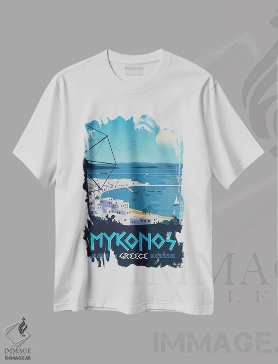 تیشرت سفید طرح دار پوستر میکونوس، هنر دیجیتال اثر ایدیااستورم استودیوز | immage.ir