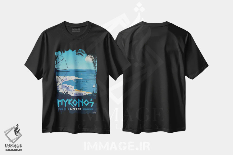 تیشرت مشکی طرح دار پوستر میکونوس، هنر دیجیتال اثر ایدیااستورم استودیوز | فروشگاه ایماژ