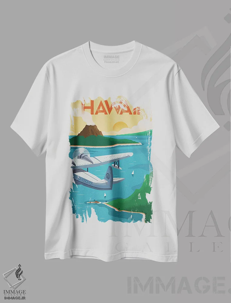 تیشرت سفید طرح دار پوستر هاوایی، هنر دیجیتال اثر ایدیااستورم استودیوز | immage.ir