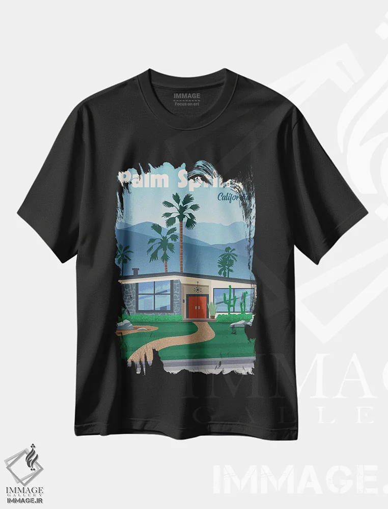 تیشرت مشکی طرح دار پالم اسپرینگز اثر ایدیااستورم استودیوز | immage.ir