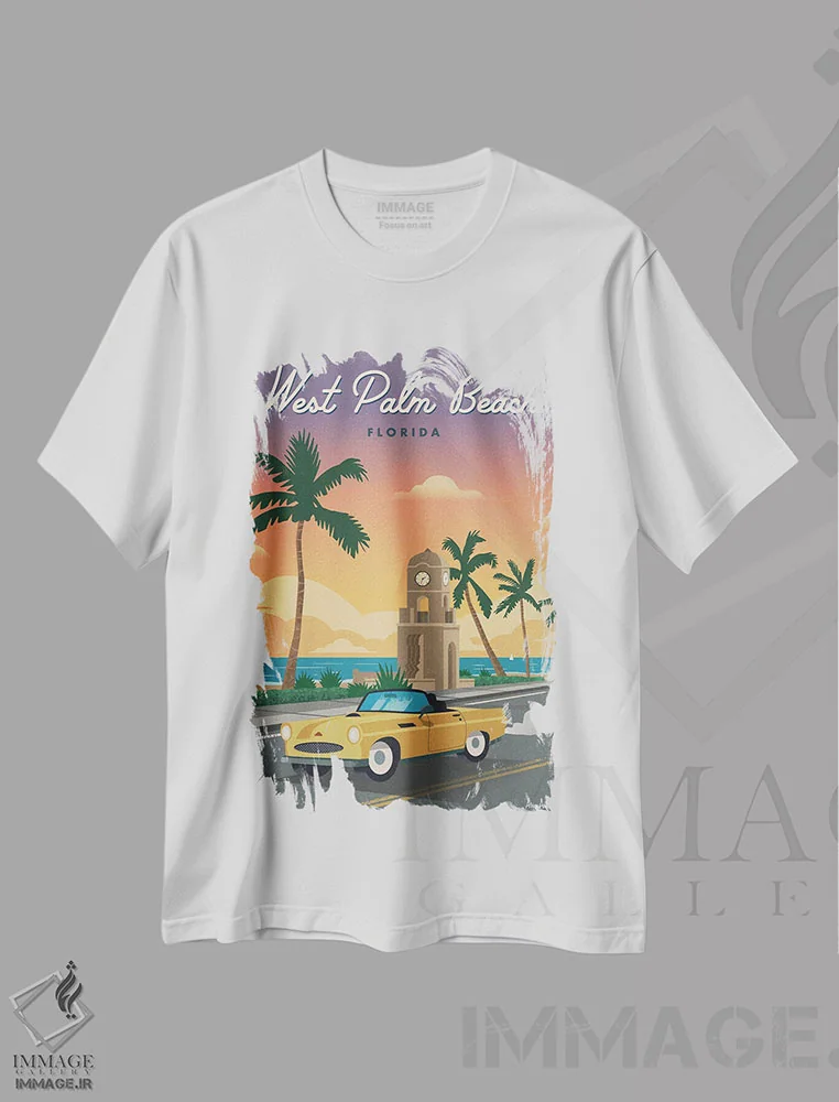 تیشرت سفید طرح دار وست پالم بیچ اثر ایدیااستورم استودیوز | فروشگاه ایماژ