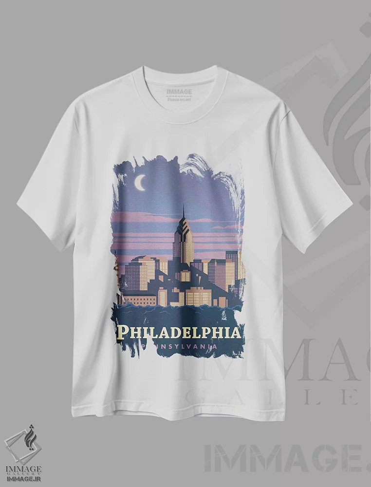تیشرت سفید طرح دار فیلادلفیا، تزئینی اثر ایدیااستورم استودیوز | فروشگاه ایماژ