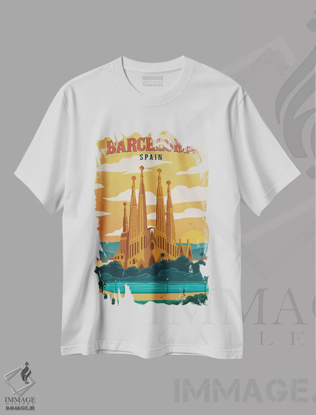 تیشرت سفید طرح دار بارسلون، تزئینی اثر ایدیااستورم استودیوز | فروشگاه ایماژ