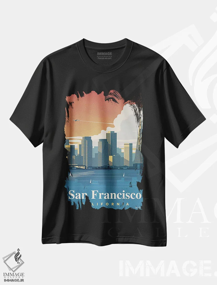 تیشرت مشکی طرح دار نمای آسمان نمای سان فرانسیسکو، تزئینی اثر ایدیااستورم استودیوز | immage.ir