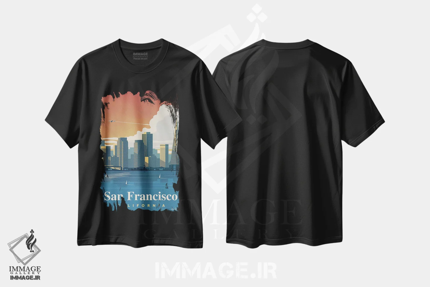 تیشرت مشکی طرح دار نمای آسمان نمای سان فرانسیسکو، تزئینی اثر ایدیااستورم استودیوز | immage.ir