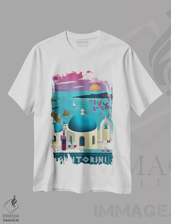 تیشرت سفید طرح دار سانتورینی، تزئینی اثر ایدیااستورم استودیوز | فروشگاه ایماژ