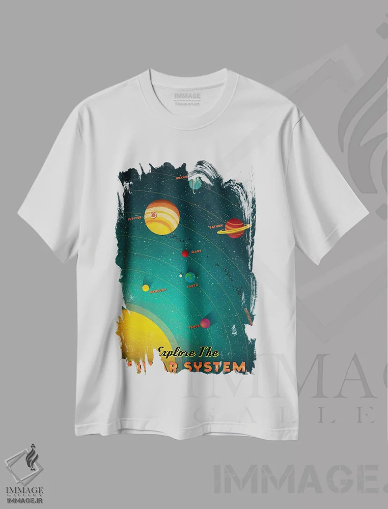 تیشرت سفید طرح دار منظومه شمسی، تزئینی اثر ایدیااستورم استودیوز | immage.ir