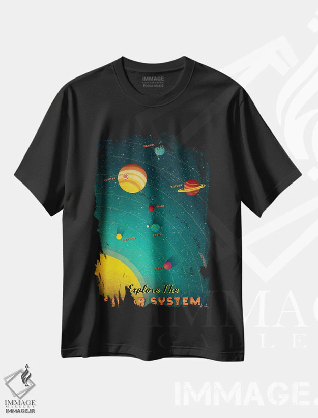 تیشرت مشکی طرح دار منظومه شمسی، تزئینی اثر ایدیااستورم استودیوز | فروشگاه ایماژ