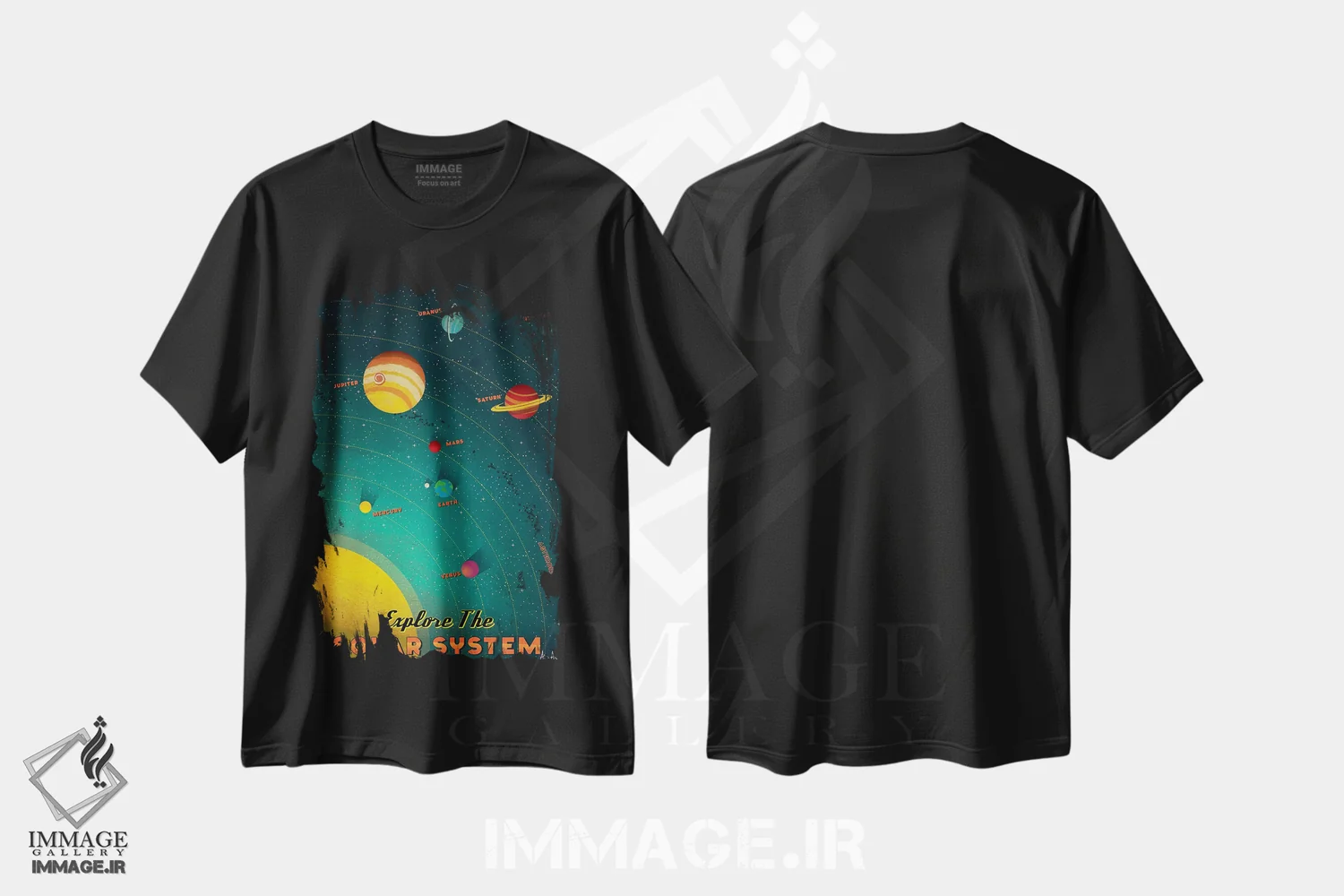 تیشرت مشکی طرح دار منظومه شمسی، تزئینی اثر ایدیااستورم استودیوز | فروشگاه ایماژ
