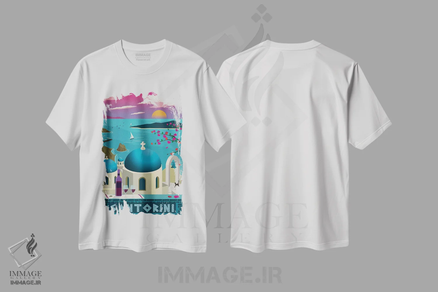 تیشرت سفید طرح دار سانتورینی، تزئینی اثر ایدیااستورم استودیوز | فروشگاه ایماژ