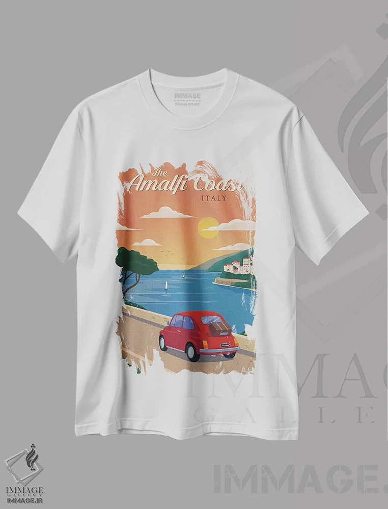 تیشرت سفید طرح دار ساحل آمالفی، تایپوگرافی اثر ایدیااستورم استودیوز | immage.ir