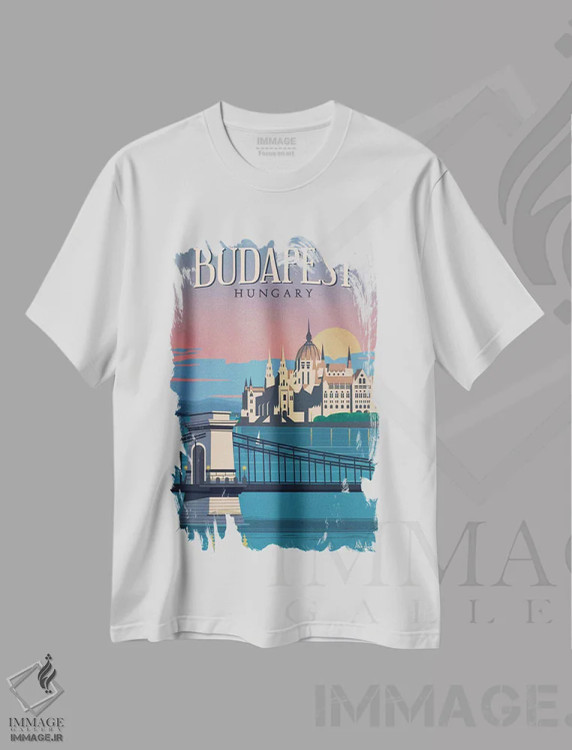 تیشرت سفید طرح دار بوداپست، تایپوگرافی اثر ایدیااستورم استودیوز | فروشگاه ایماژ