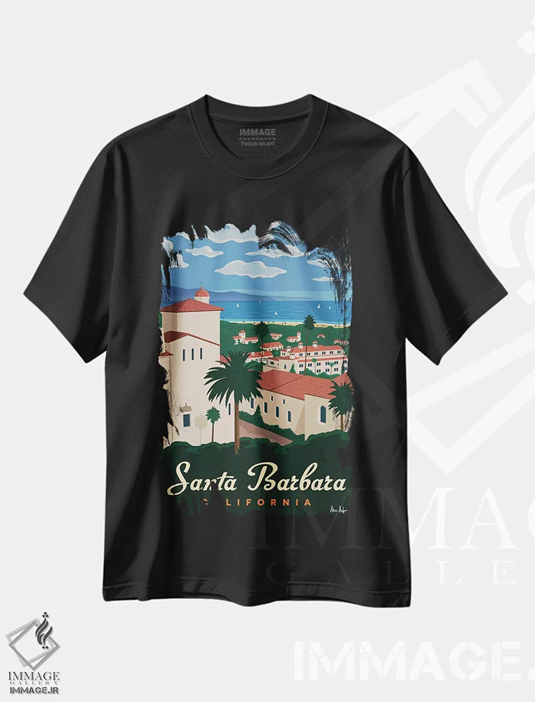 تیشرت مشکی طرح دار سانتا باربارا، تایپوگرافی اثر ایدیااستورم استودیوز | فروشگاه ایماژ