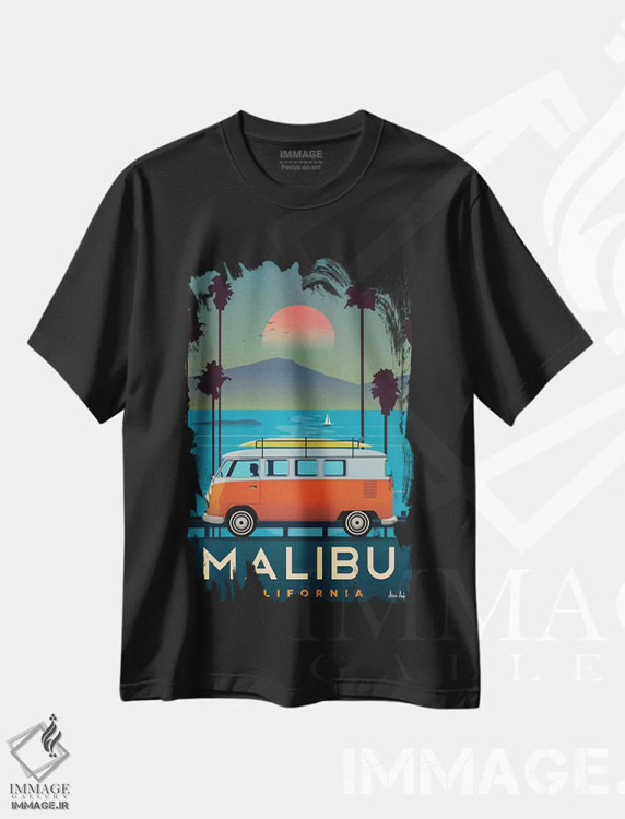 تیشرت مشکی طرح دار مالیبو، تایپوگرافی اثر ایدیااستورم استودیوز | فروشگاه ایماژ