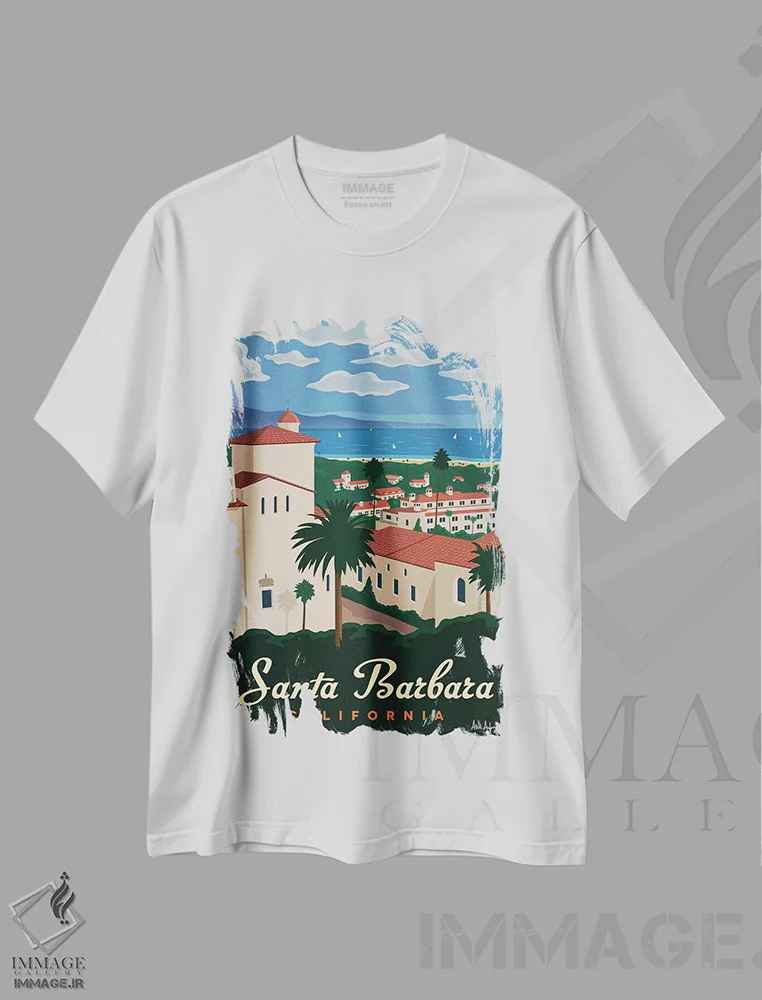 تیشرت سفید طرح دار سانتا باربارا، تایپوگرافی اثر ایدیااستورم استودیوز | immage.ir